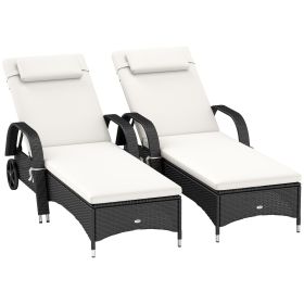 Outsunny 2 Reclining Chaise Lounge Chairs, Rolling Outdoor Chairs with Cushion, Pillow, Headrest, Armrests, and Wheels, Cream