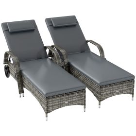 Outsunny 2 Reclining Chaise Lounge Chairs, Rolling Outdoor Chairs with Cushion, Pillow, Headrest, Armrests, and Wheels, Gray