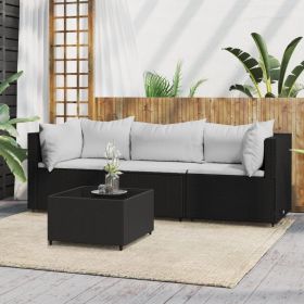 4 Piece Patio Lounge Set with Cushions Black Poly Rattan (Color: Black)