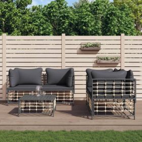 5 Piece Patio Lounge Set with Cushions Anthracite Poly Rattan (Color: Anthracite)