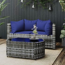 3 Piece Patio Lounge Set with Cushions Gray Poly Rattan (Color: Gray)