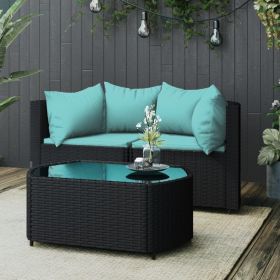 3 Piece Patio Lounge Set with Cushions Black Poly Rattan (Color: Black)